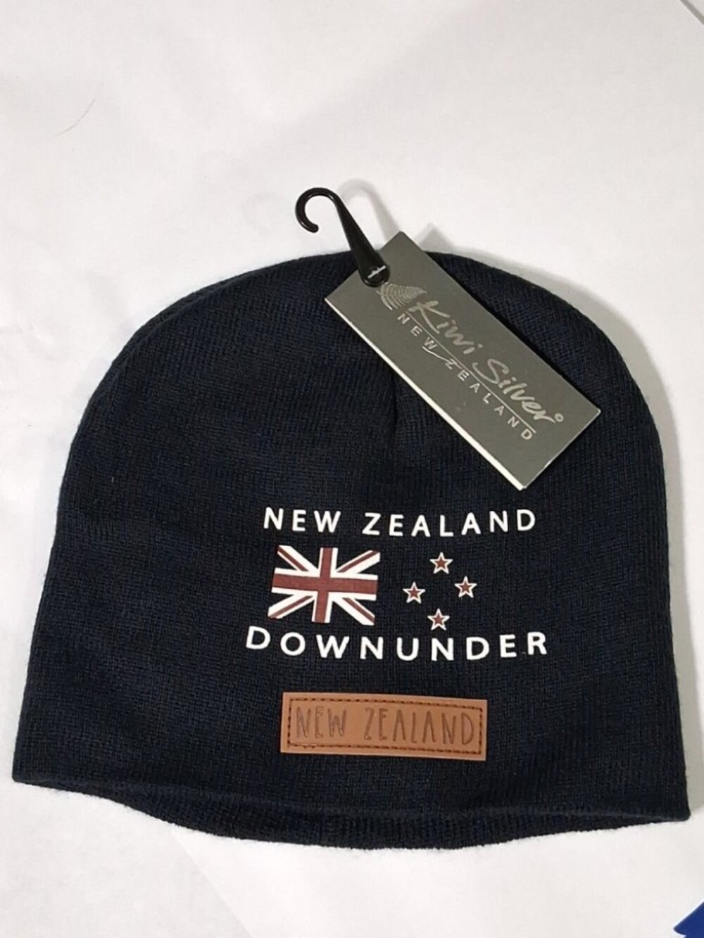 Kiwi Silver New Zealand DownUnder Embroidered Knit Navy Blue Beanie Hat NWT